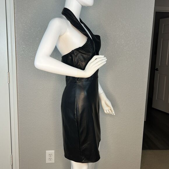 Heartloom Size M Faux Leather Moto Knee Length Halter Dress Black - Picture 5 of 7